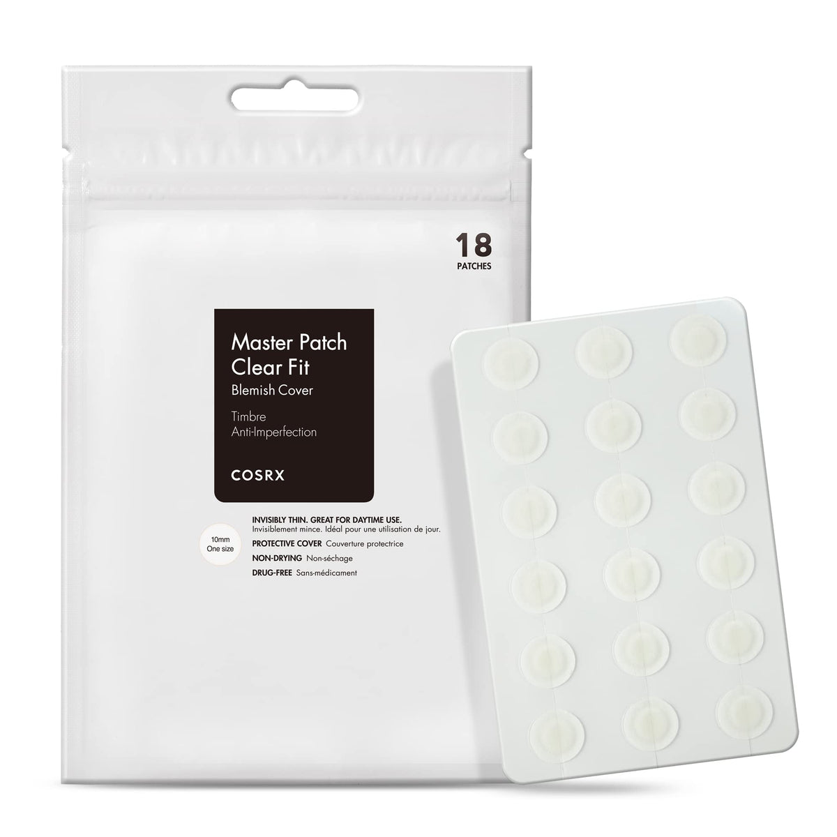 COSRX Master Patch Clear Fit Blemish Cover packaging with patches on a white background